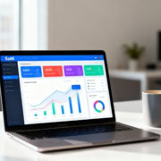 Laptop with SaaS dashboard in modern office setting.