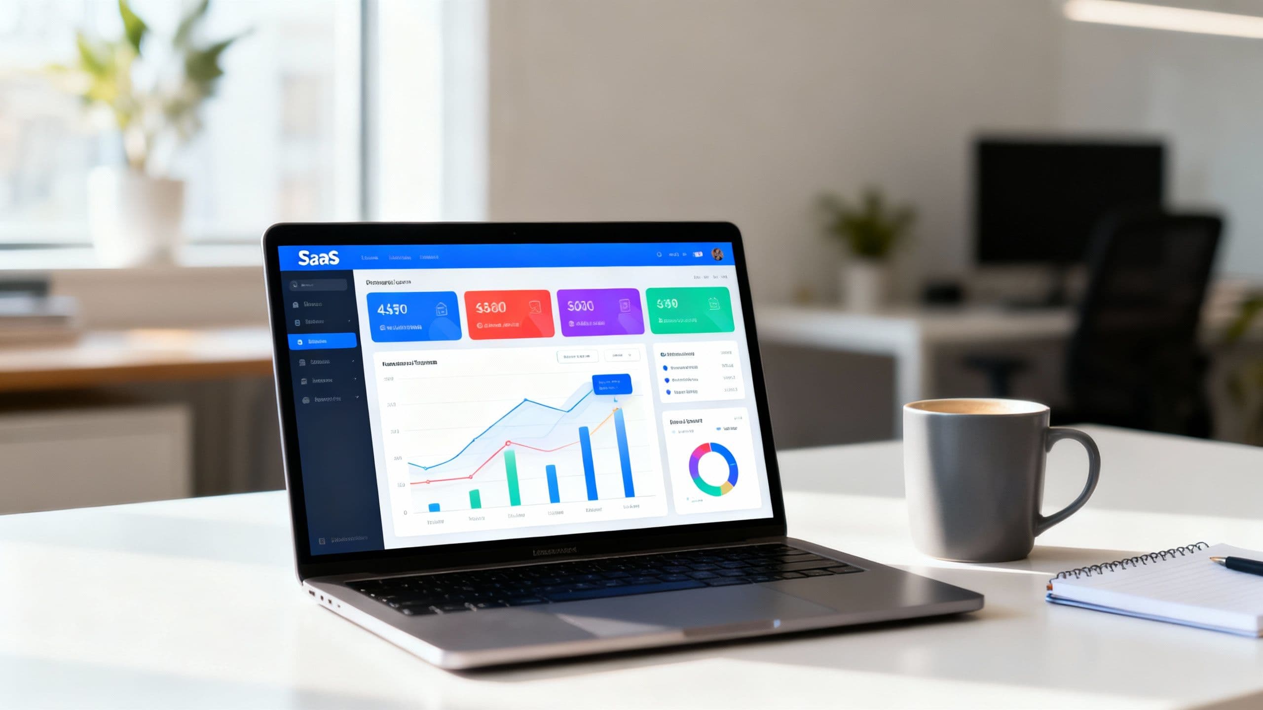 Laptop with SaaS dashboard in modern office setting.