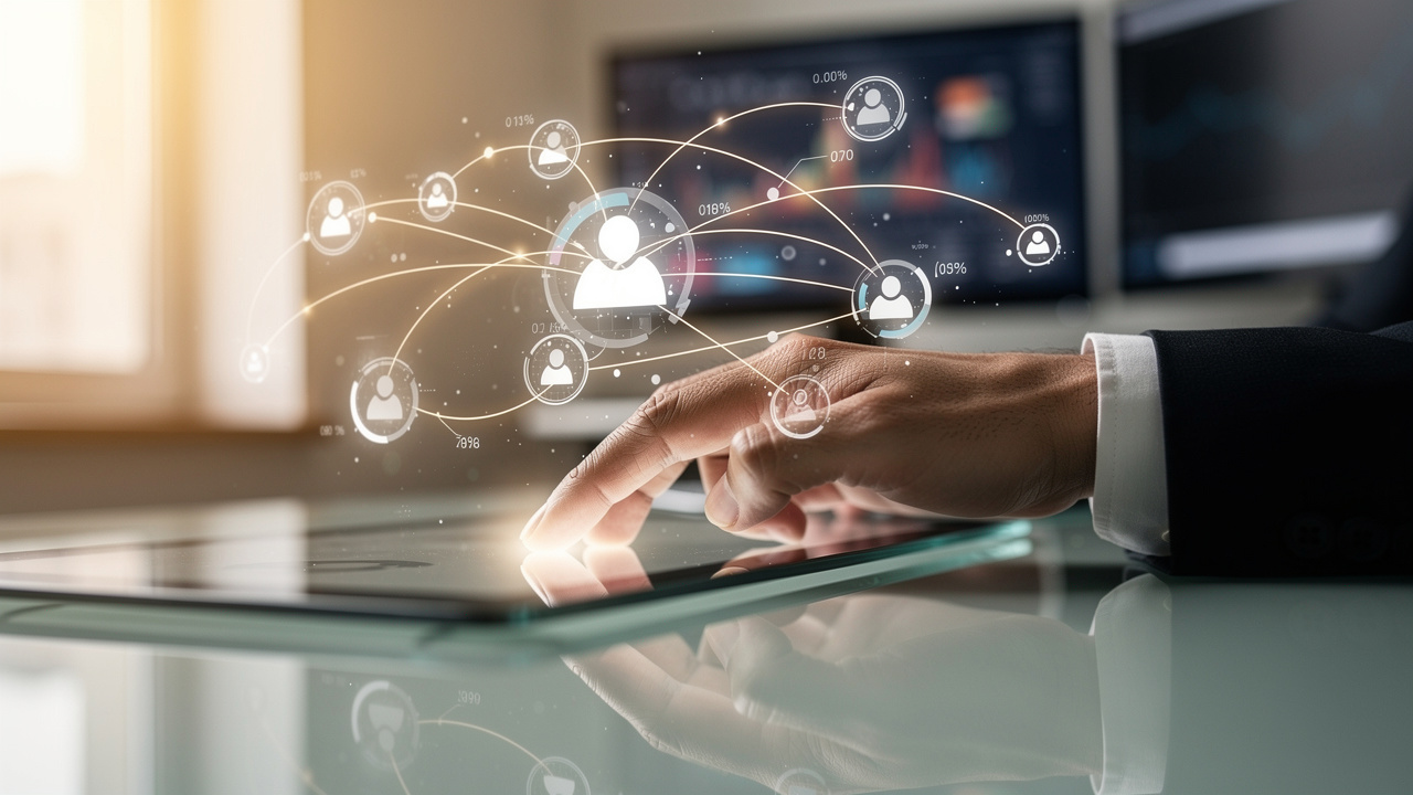 Professional analyzing interconnected customer data points and networks