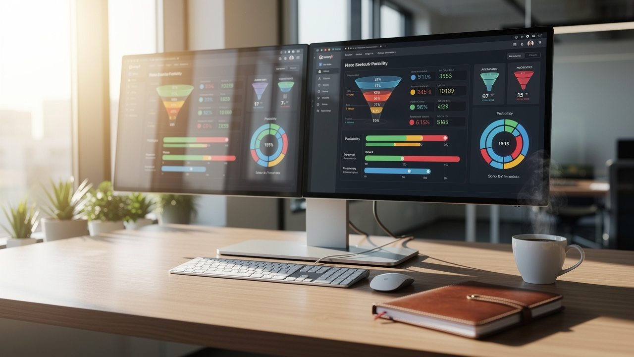 Sales workspace with CRM dashboards showing pipeline stages and scores