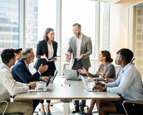 A diverse group of business professionals sits around a conference table in a modern office, discussing and smiling as ABM strategies are shared. Two people stand, leading the Account Based Marketing explained session, while others engage with laptops and take notes.