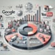 A digital infographic features logos of major tech companies like Google, Amazon, Instagram, YouTube, and Pinterest arranged around a central hub. Icons of trucks and charts highlight themes of enterprise SEO, demand generation, connectivity, and commerce.
