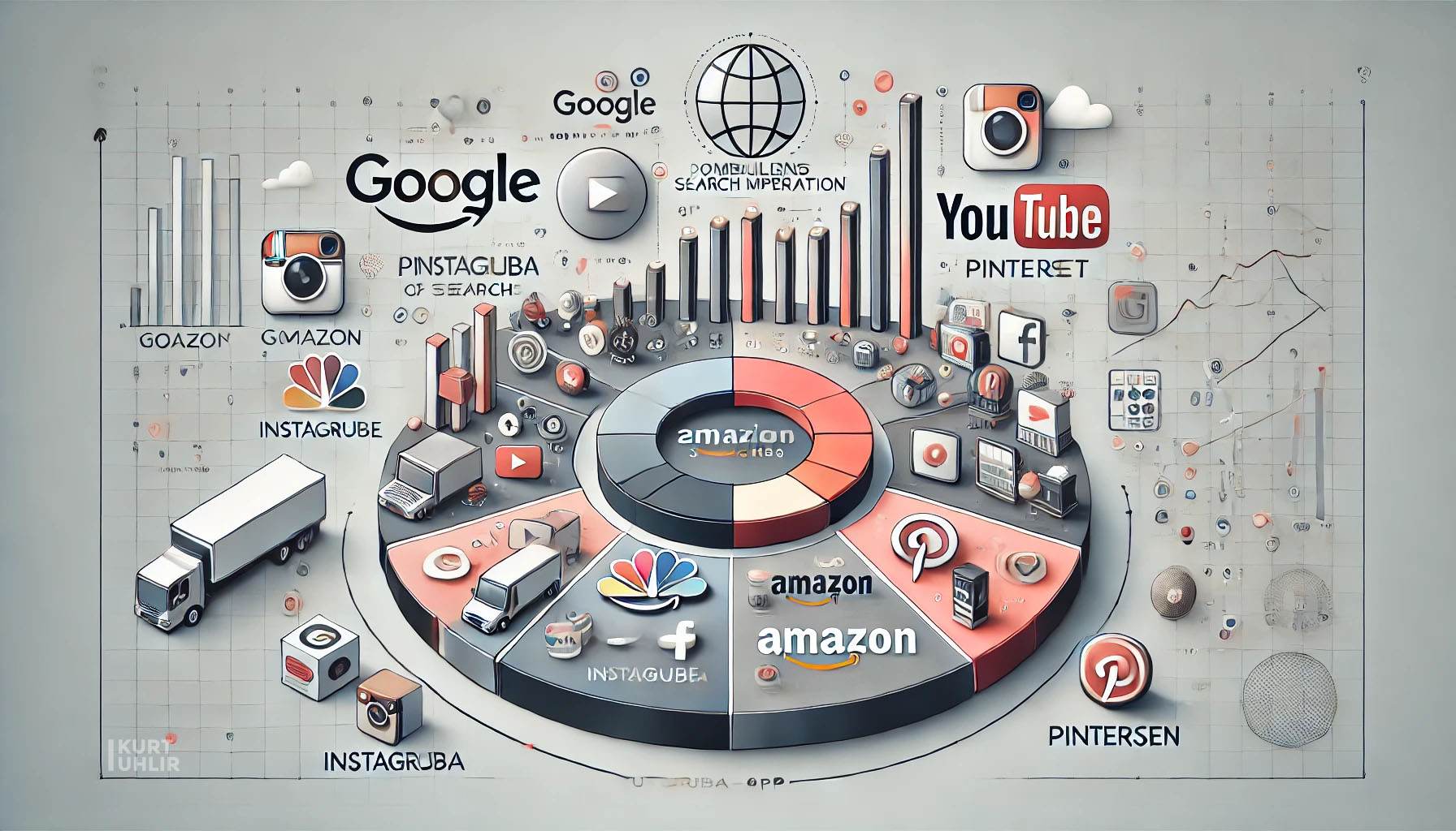 A digital infographic features logos of major tech companies like Google, Amazon, Instagram, YouTube, and Pinterest arranged around a central hub. Icons of trucks and charts highlight themes of enterprise SEO, demand generation, connectivity, and commerce.