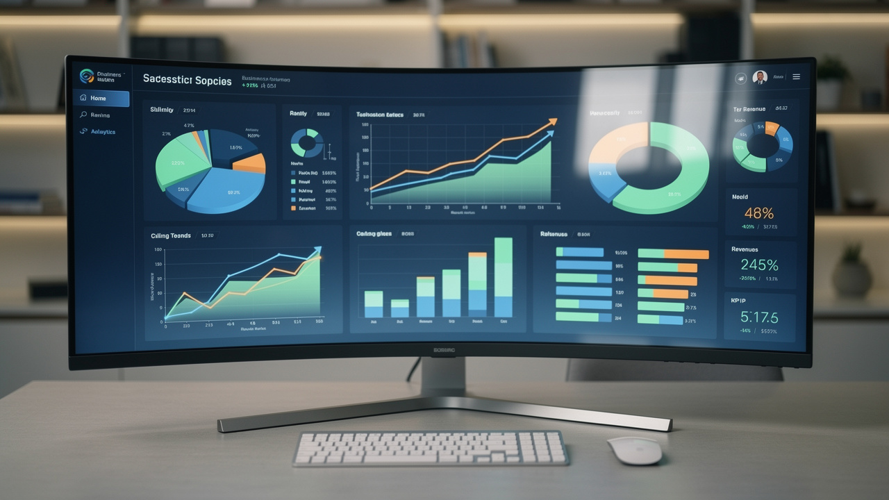 A curved widescreen monitor on a desk displays colorful graphs and statistics to help Prove Impact. The screen shows line graphs, bar charts, and pie charts. A white keyboard and mouse sit nearby; shelves with decor are blurred in the background.