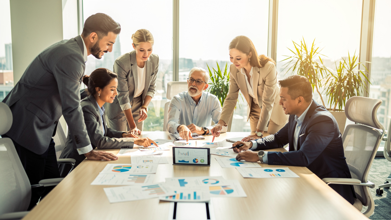 Six business professionals of diverse backgrounds collaborate around a conference table, engaged and focused as they discuss data and strategies to measure impact and prove impact in a bright office with large windows and potted plants.