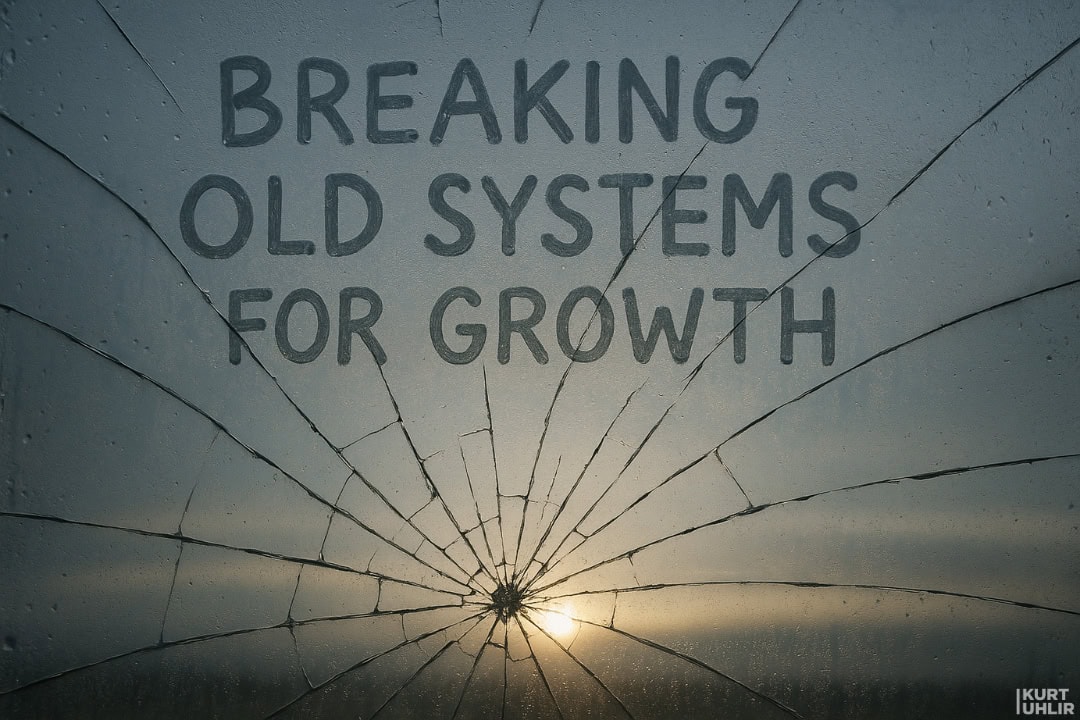 A cracked glass pane with "BREAKING OLD SYSTEMS FOR GROWTH" written across it. Sunlight shines through the cracks, symbolizing how high-performing companies find new opportunities by scaling with purpose. Artist: Kurt Uhlir, bottom right corner.