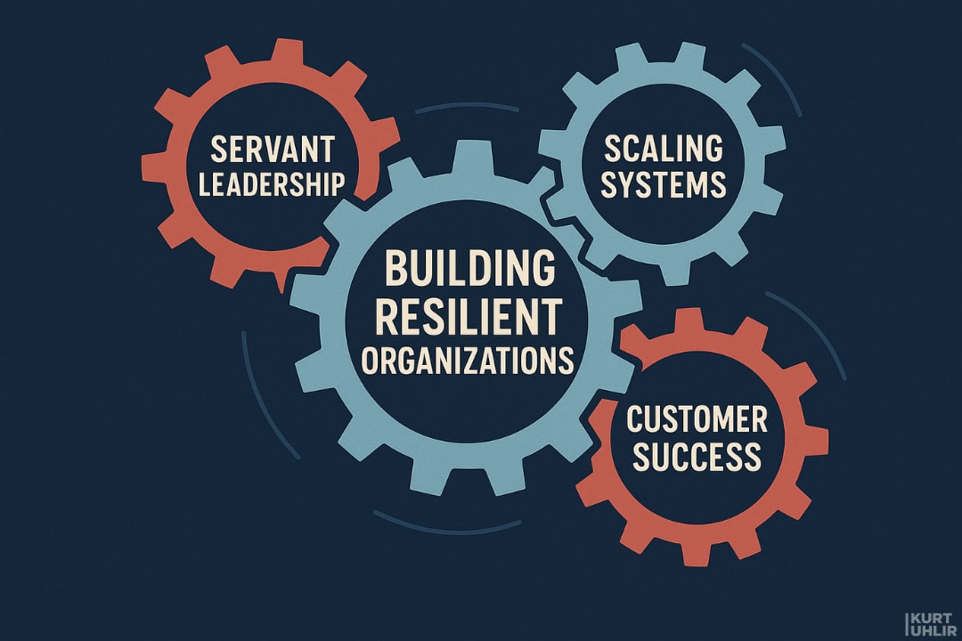 A central blue gear labeled “Building Resilient Organizations” connects with three gears labeled “Servant Leadership,” “Scaling Systems,” and “Customer Success” on a dark blue background. The graphic highlights key components of organizational resilience.