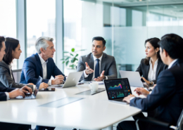 Seven business professionals sit around a conference table in a modern office, engaged in a discussion about lead generation and demand generation. Laptops display colorful data graphs, while large windows reveal the cityscape outside.