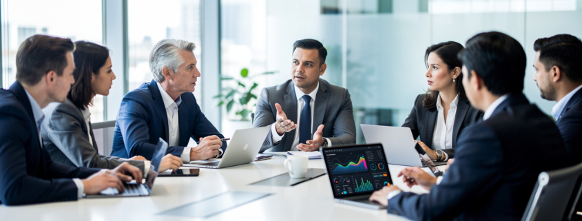 Seven business professionals sit around a conference table in a modern office, engaged in a discussion about lead generation and demand generation. Laptops display colorful data graphs, while large windows reveal the cityscape outside.