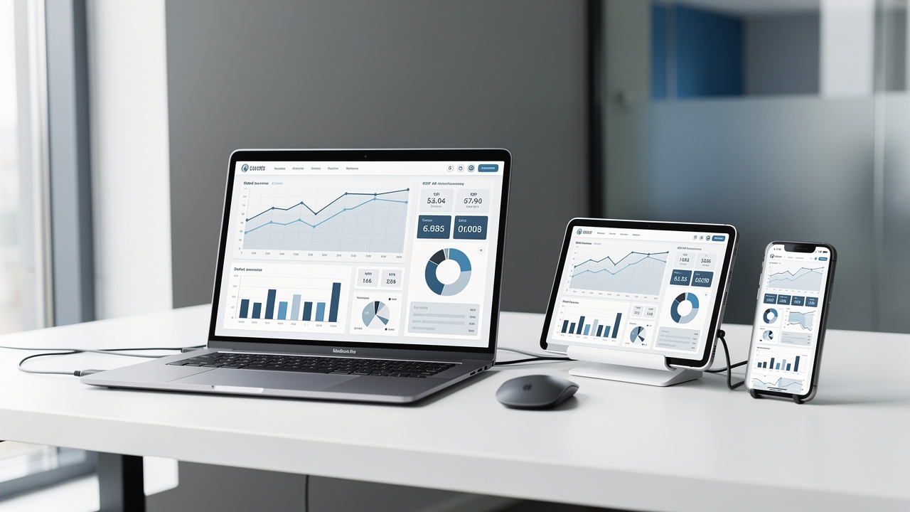 A laptop, tablet, and smartphone on a white desk display financial dashboards with charts, graphs, and statistics to measure impact. A wireless mouse is beside the laptop. The background shows a modern office with gray and blue walls.