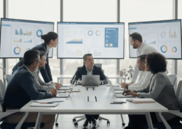 Eight people sit and stand around a conference table in a modern office. Large windows and four screens displaying charts and graphs are in the background. The group appears to be having a business meeting or presentation. Laptops and notebooks are on the table.