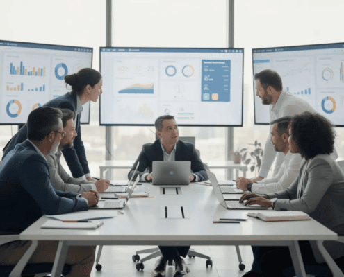 Eight people sit and stand around a conference table in a modern office. Large windows and four screens displaying charts and graphs are in the background. The group appears to be having a business meeting or presentation. Laptops and notebooks are on the table.
