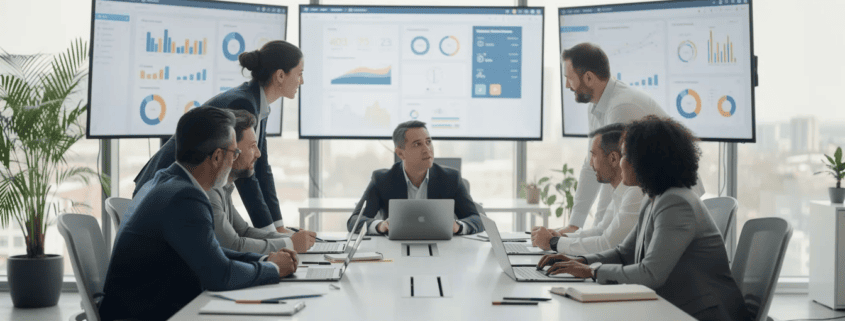 Eight people sit and stand around a conference table in a modern office. Large windows and four screens displaying charts and graphs are in the background. The group appears to be having a business meeting or presentation. Laptops and notebooks are on the table.