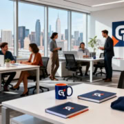 Branded merchandise and logo in modern office setting