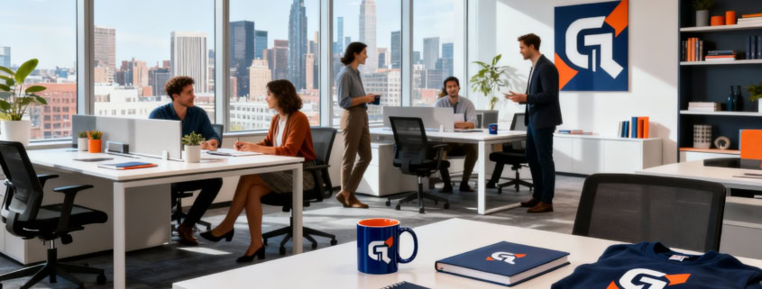 Branded merchandise and logo in modern office setting