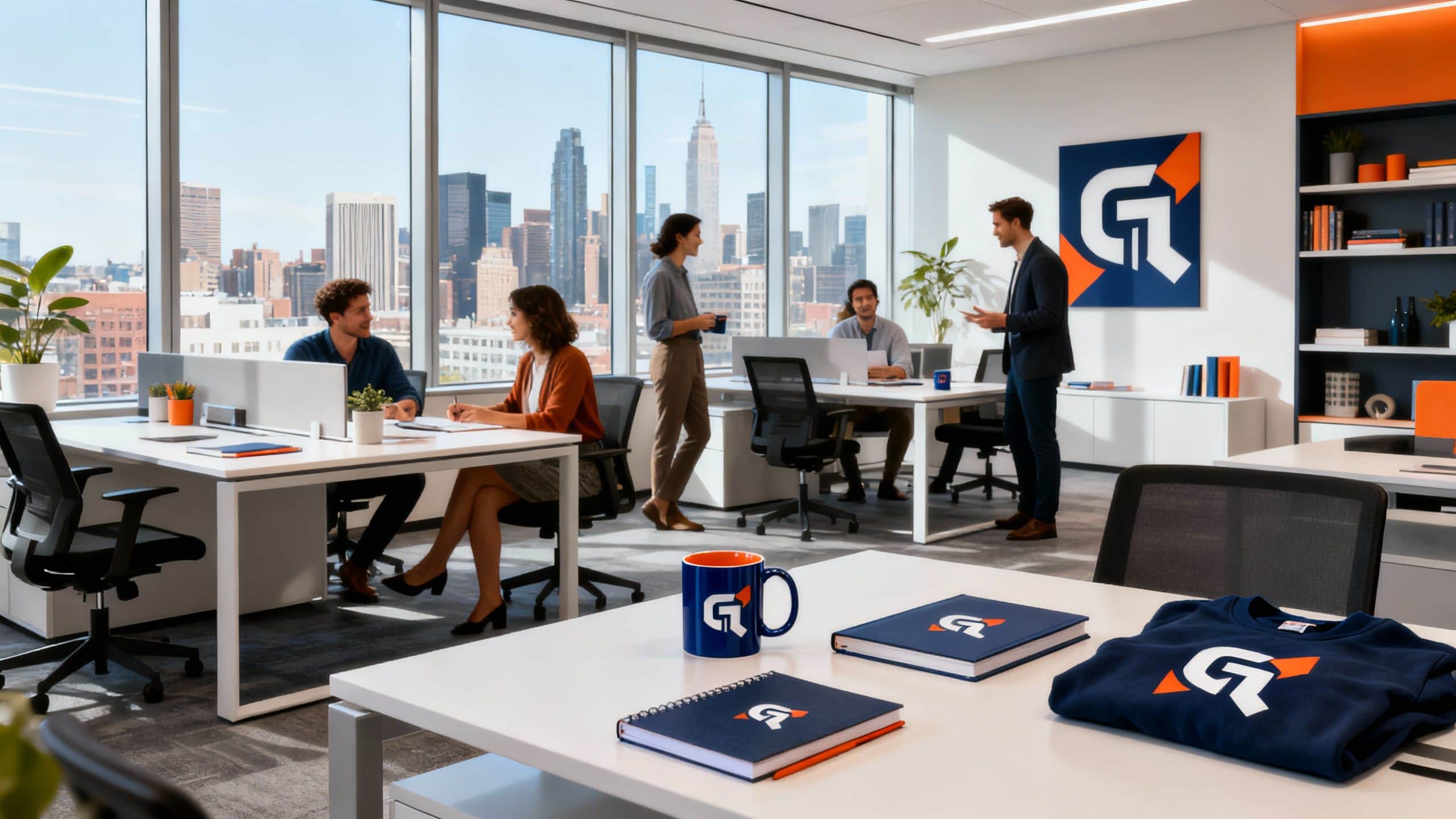 Branded merchandise and logo in modern office setting