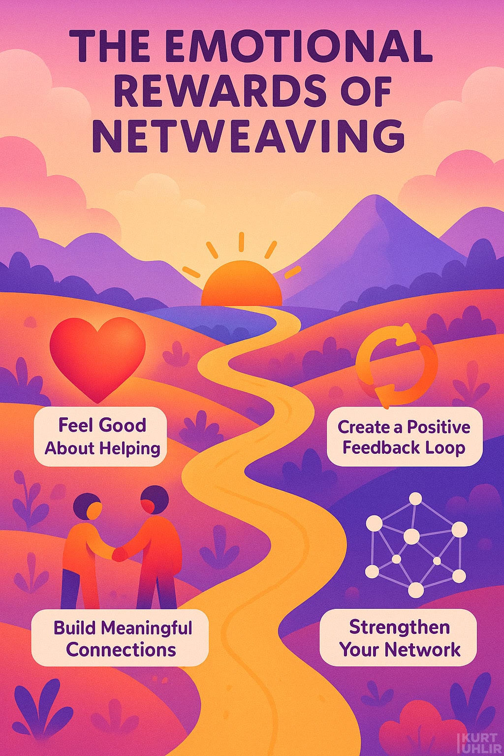Illustration of a winding golden path through colorful hills at sunrise. Four icons on the path represent benefits: a heart for “Feel Good About Helping,” a chat for “Create a Positive Feedback Loop,” people for “Build Meaningful Connections,” and a network for “Strengthen Your Network.”.