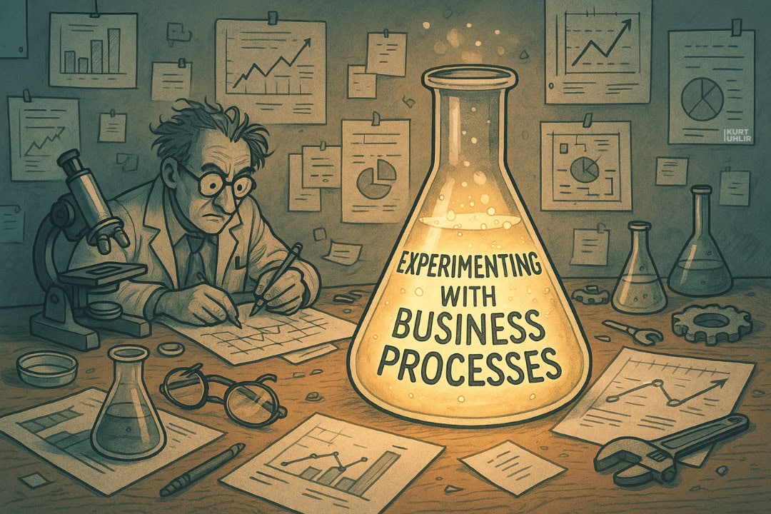 A scientist sits at a cluttered desk analyzing data, surrounded by beakers—including one glowing and labeled “EXPERIMENTING WITH BUSINESS PROCESSES”—and charts inspired by high-performing companies. Business documents and scientific gear fill the energetic scene.