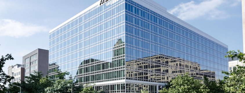 Modern office building in Atlanta, Georgia, with glass facade.