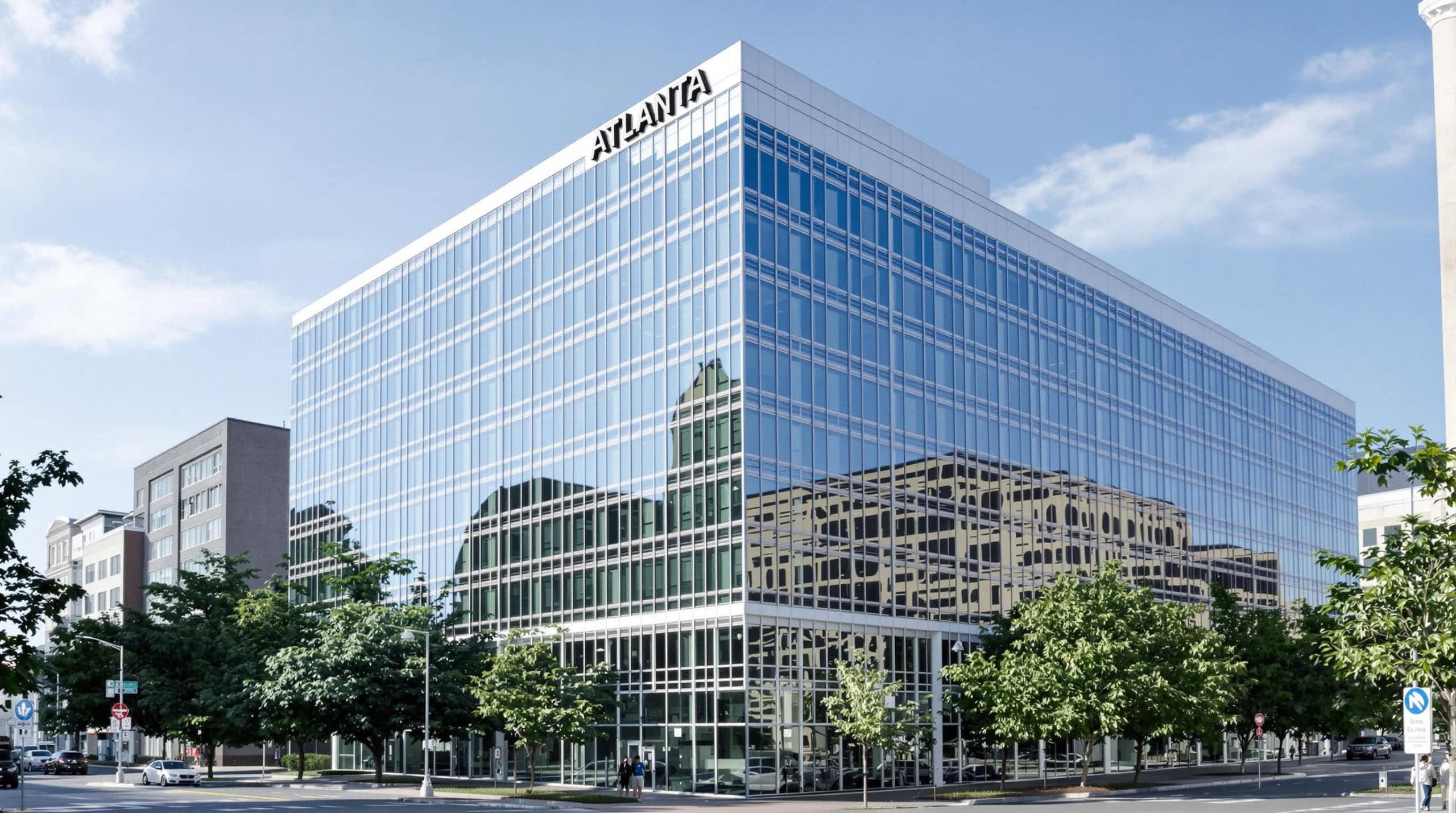 Modern office building in Atlanta, Georgia, with glass facade.