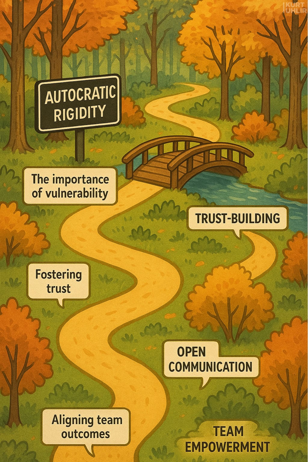A winding yellow path moves from a forest labeled "Autocratic Rigidity," over a bridge labeled "Trust-Building," passing signs for "Vulnerability," "Fostering trust," "Open Communication," and "Aligning team outcomes," ending in a clearing labeled "Team Empowerment.