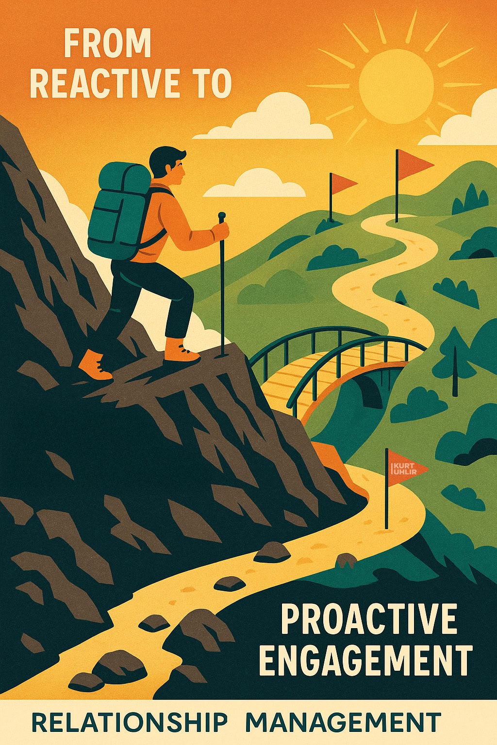 An illustrated hiker ascends a winding mountain path toward a bright sunrise, passing red flags along the way. The text reads, "From Reactive to Proactive Engagement" and "Relationship Management." The scene suggests progress and forward-thinking strategies.