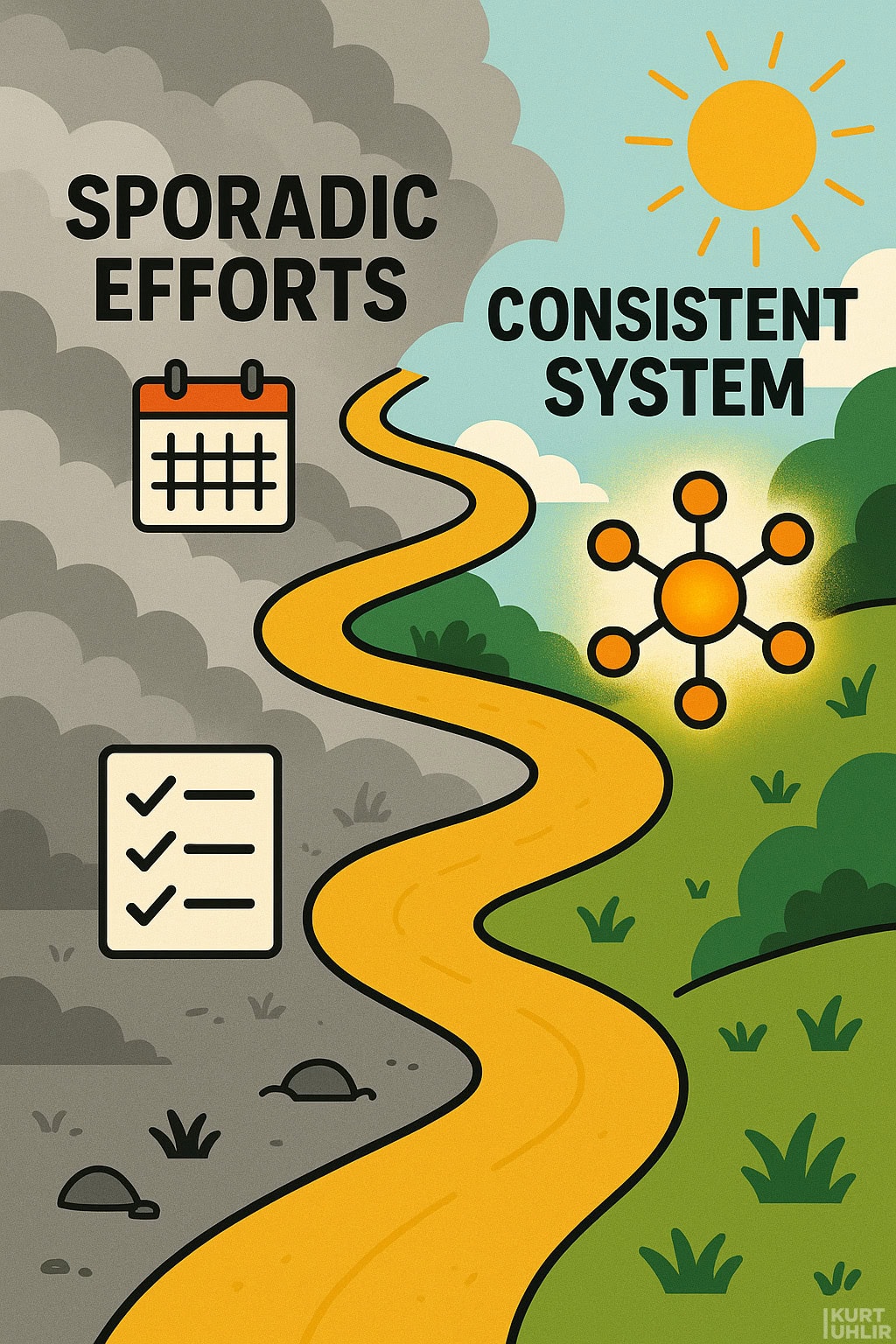 A winding path divides two sides: the left is gray and cloudy labeled "Sporadic Efforts" with a calendar and checklist, while the right is sunny and green labeled "Consistent System" with a network icon. The path leads from dark to bright.