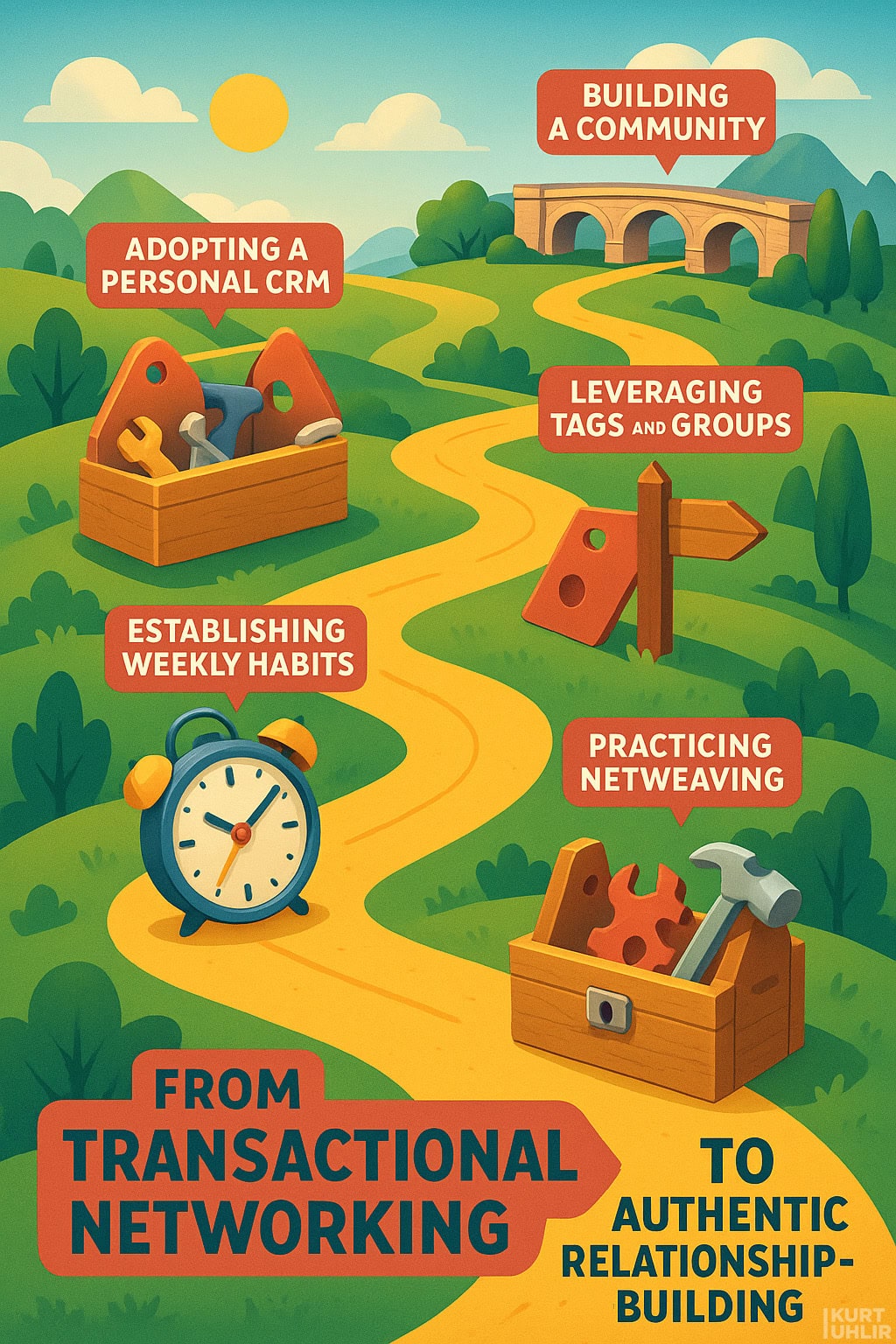 A winding path leads from “Transactional Networking” to “Authentic Relationship-Building,” with icons and labels: toolbox (personal CRM), clock (weekly habits), key and tags (leveraging groups), toolbox (netweaving), and bridge (community).
