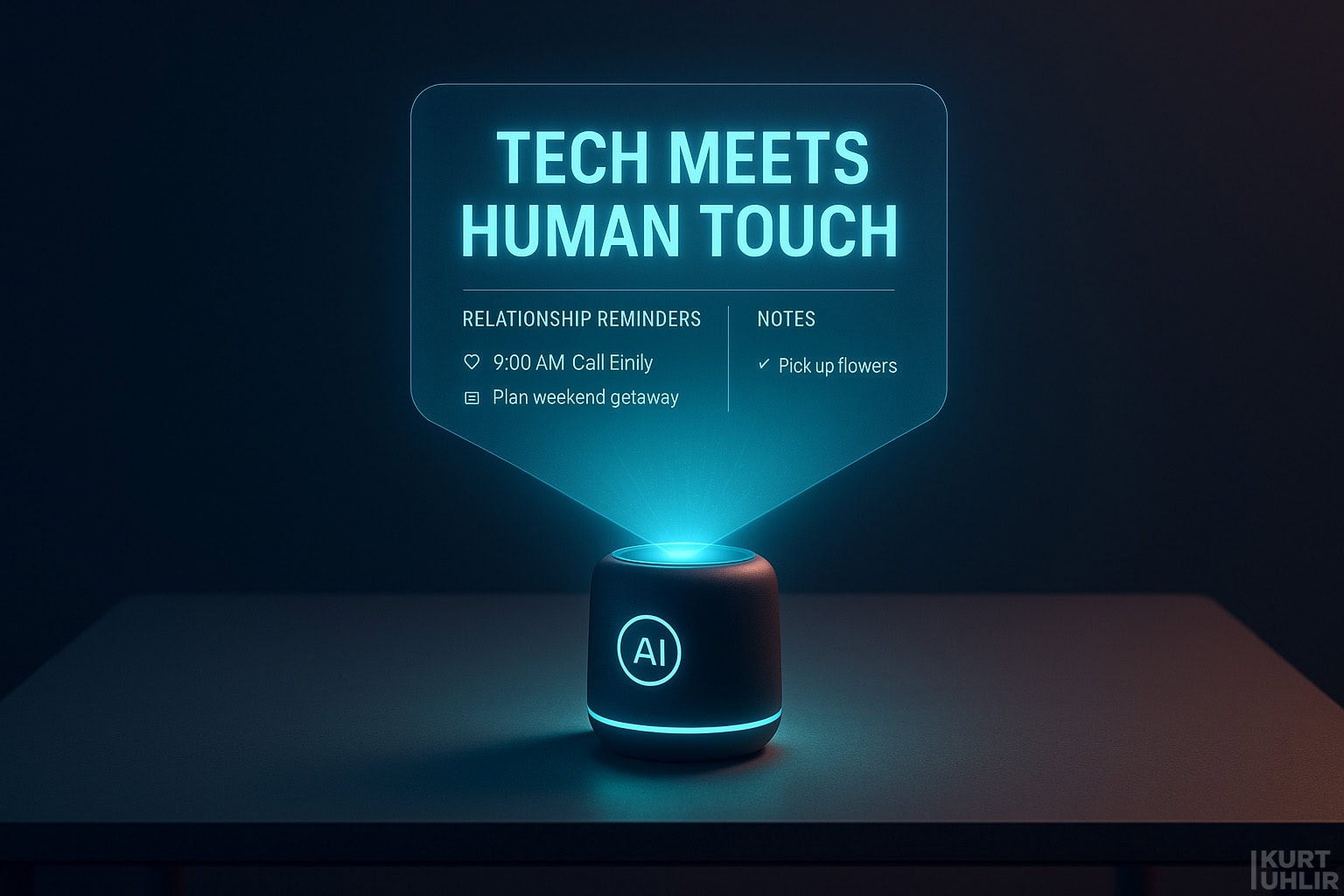 A small black AI device projects a blue holographic display reading “Tech Meets Human Touch.” Below, reminders say “9:00 AM Call Emily” and “Plan weekend getaway.” A notes section reads, “Pick up flowers.” The scene is dark with a modern, sleek atmosphere.