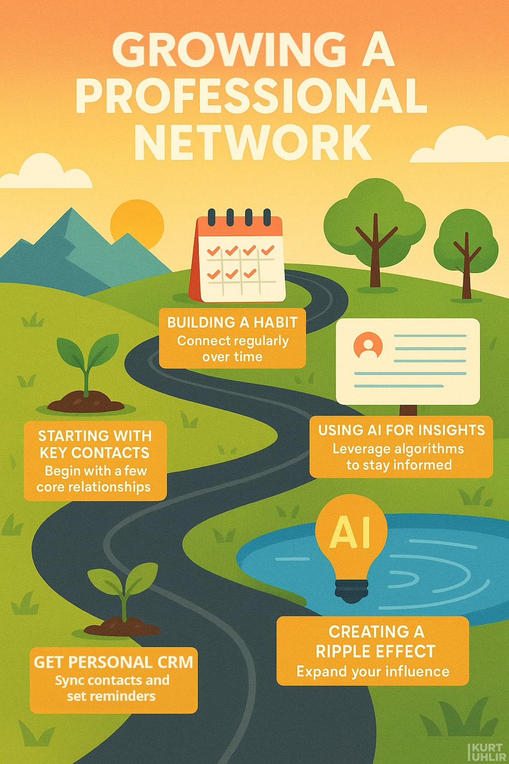 An illustrated infographic titled "Growing a Professional Network" shows a winding path through hills with growing plants. Along the path are five tips: building a habit, starting with key contacts, using AI for lists, getting a personal CRM, and creating a ripple effect.