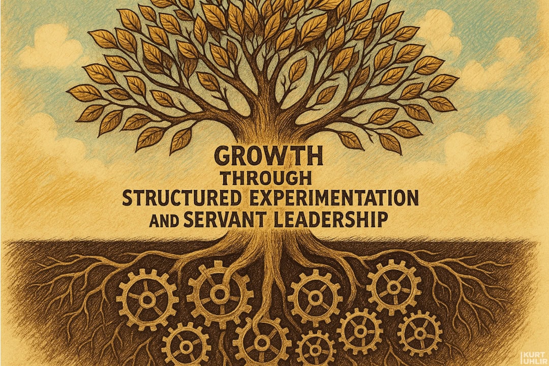 An illustrated tree with golden leaves above ground and visible roots below. The roots intertwine with mechanical gears, representing scaling with purpose. Text in the center reads: "Growth through structured experimentation and servant leadership." Sky with clouds in the background.