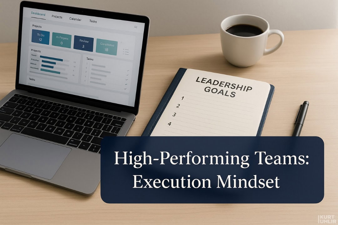 A laptop displaying project management charts sits on a desk next to a black coffee cup and an open notebook titled "LEADERSHIP GOALS." Overlaid text reads, "High-Performing Teams: Execution Mindset.