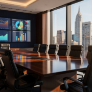 A modern conference room with a large wooden table and black chairs, wall-mounted screens displaying charts to measure impact and Demand Gen ROI, and floor-to-ceiling windows offering views of a city skyline under a clear sky.