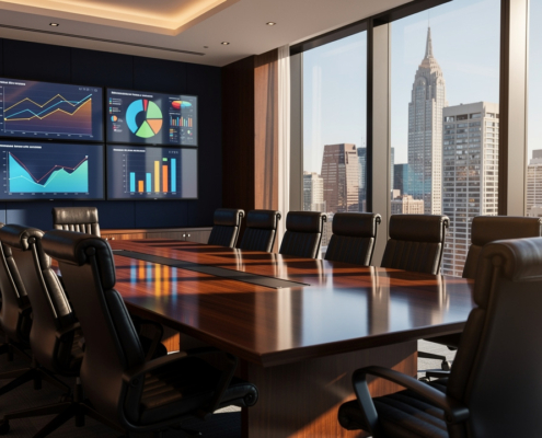 A modern conference room with a large wooden table and black chairs, wall-mounted screens displaying charts to measure impact and Demand Gen ROI, and floor-to-ceiling windows offering views of a city skyline under a clear sky.