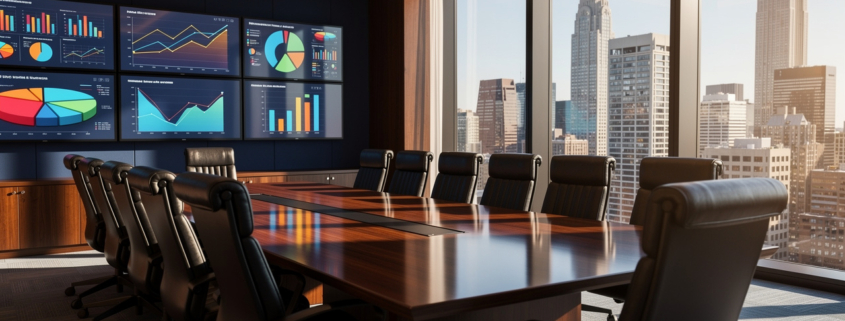A modern conference room with a large wooden table and black chairs, wall-mounted screens displaying charts to measure impact and Demand Gen ROI, and floor-to-ceiling windows offering views of a city skyline under a clear sky.