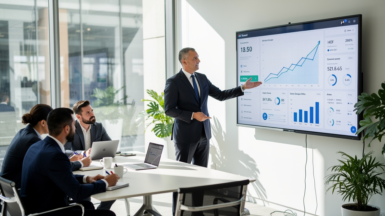 Executive presenting growth metrics and ROI data to leadership team