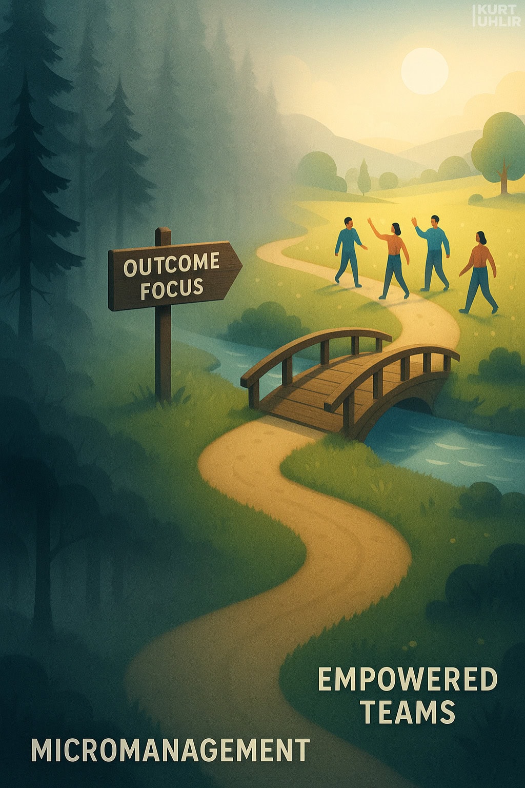 A winding path splits in a scenic landscape. One dark path labeled “Micromanagement” leads into dense forest, while a sunny path labeled “Outcome Focus” crosses a bridge toward open fields and four people under “Empowered Teams,” inspired by scaling with purpose.