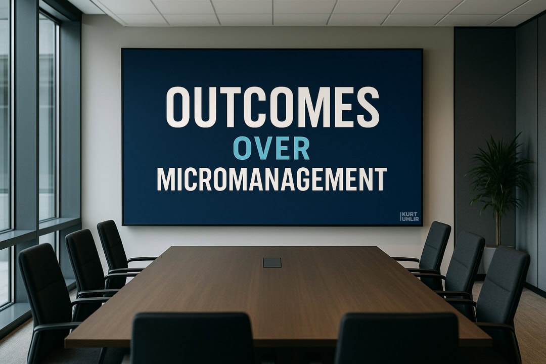 A modern conference room features a large screen displaying "OUTCOMES OVER MICROMANAGEMENT," reflecting how high-performing companies thrive. The space includes a long table, black chairs, and a potted plant in the corner.