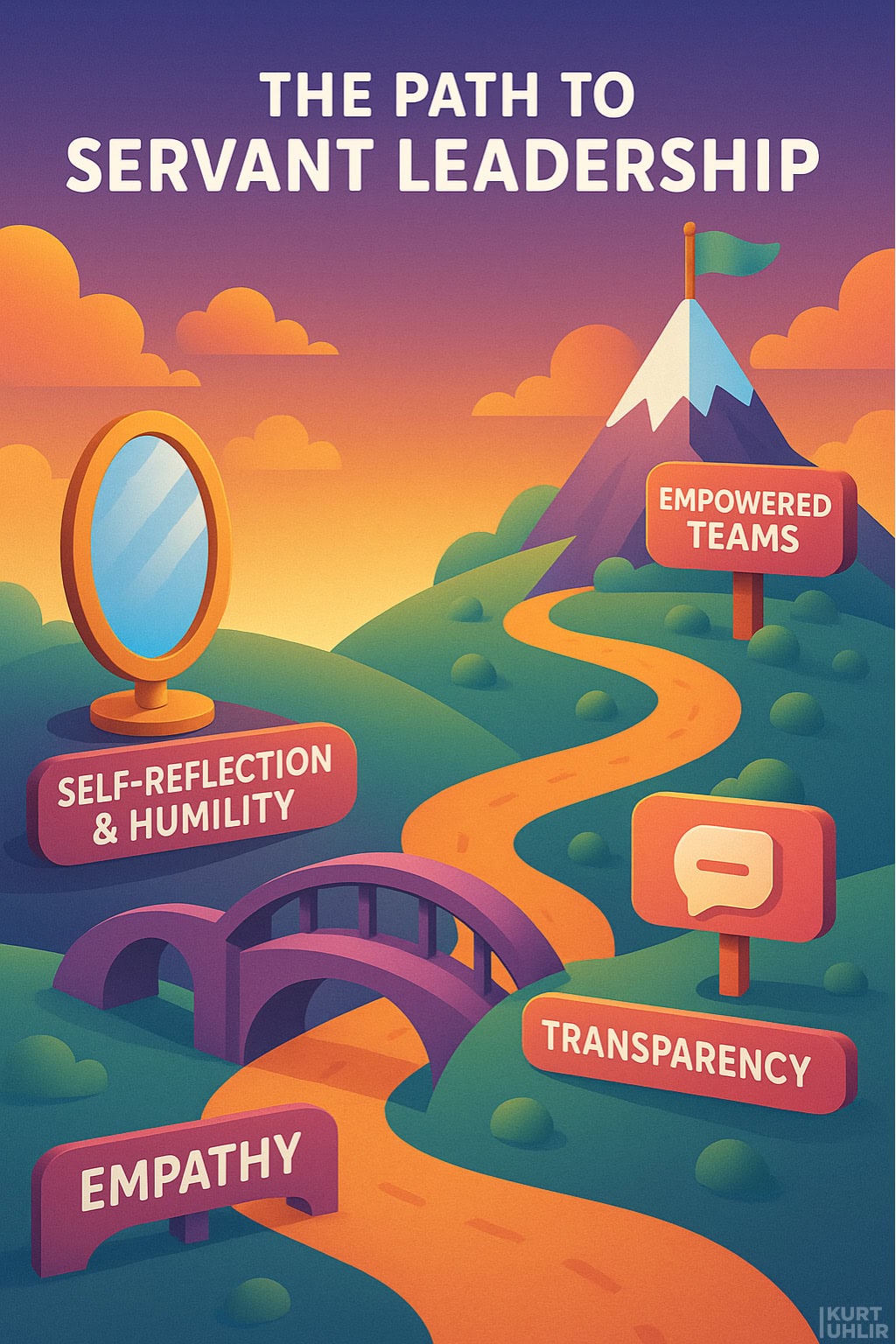Illustration of a winding path to a mountain with a flag labeled “Empowered Teams.” Along the way, signs like “Self-Reflection & Humility” depict steps toward servant leadership and scaling with purpose, inspired by high-performing companies in a warm, inviting landscape.