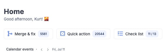Dashboard with greeting "Good afternoon, Kurt!," and a waving hand emoji. Below are three buttons: "Merge & fix" (5561), "Quick action" (20544), and "Check list" (11/13). Manage your network using this personal CRM. "Calendar events": Fri, Jul 11.