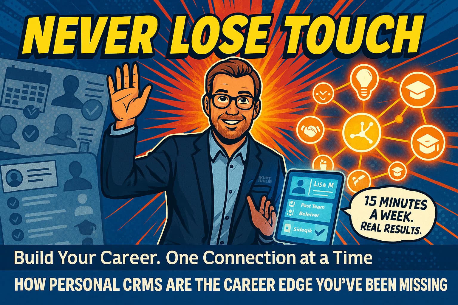 A smiling man in glasses and a suit waves, surrounded by digital connection icons. Text reads “NEVER LOSE TOUCH,” with tips on using personal CRMs for career growth. A phone screen and a speech bubble saying “15 MINUTES A WEEK. REAL RESULTS.” are visible.