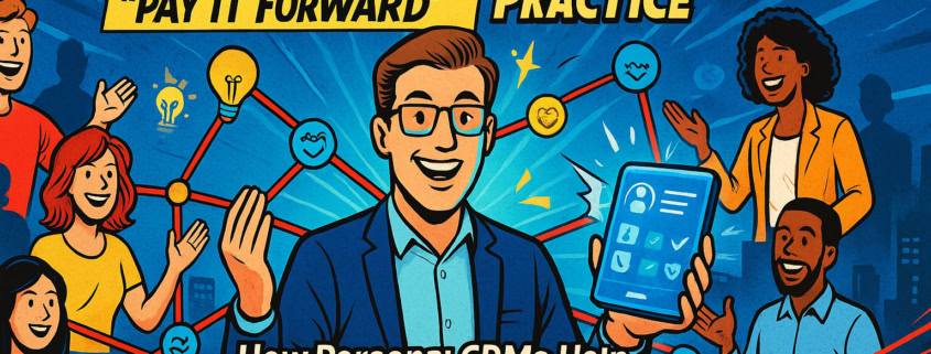 A smiling man in glasses holds a tablet displaying a contacts app. Diverse people around him gesture excitedly. Text reads: "Personal CRMs & Netweaving 'Pay It Forward' Practice. How Personal CRMs Help You Build Stronger Connections. Kurt Uhlir." A network diagram is in the background.