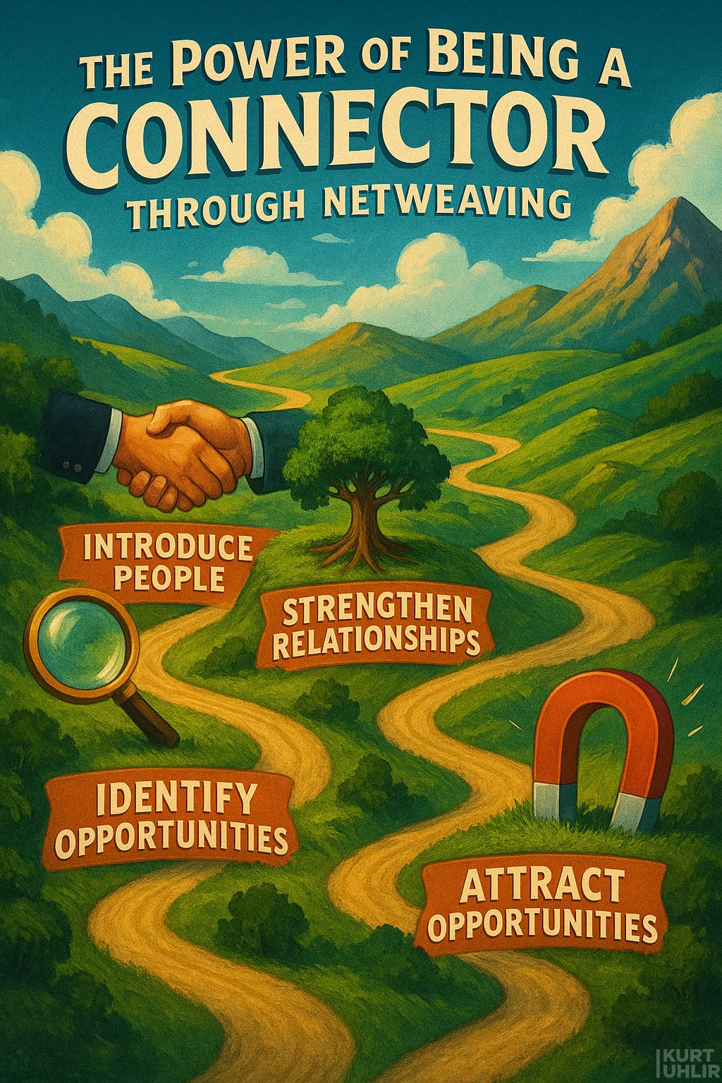 Illustration of a winding path through green hills, titled “The Power of Being a Connector Through Netweaving.” Icons and labels on the path show: a handshake (Introduce People), a tree (Strengthen Relationships), a magnifying glass (Identify Opportunities), and a magnet (Attract Opportunities).