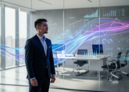 A man in a suit stands in a modern office with glass walls, analyzing floating digital graphs powered by a Predictive Demand Engine, including bar charts and wave patterns—symbolizing data analytics, demand forecasting, and rapid business growth in 90 days.