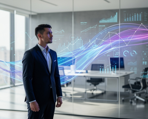 A man in a suit stands in a modern office with glass walls, analyzing floating digital graphs powered by a Predictive Demand Engine, including bar charts and wave patterns—symbolizing data analytics, demand forecasting, and rapid business growth in 90 days.