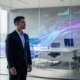 A man in a suit stands in a modern office with glass walls, analyzing floating digital graphs powered by a Predictive Demand Engine, including bar charts and wave patterns—symbolizing data analytics, demand forecasting, and rapid business growth in 90 days.