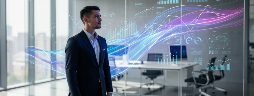A man in a suit stands in a modern office with glass walls, analyzing floating digital graphs powered by a Predictive Demand Engine, including bar charts and wave patterns—symbolizing data analytics, demand forecasting, and rapid business growth in 90 days.