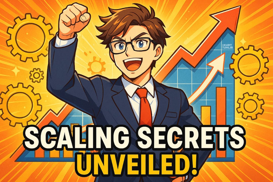 A confident cartoon man in a suit and red tie raises his fist in triumph. Behind him are gears, a rising graph, and upward arrows—capturing the spirit of high-performing companies. Bold text reads, "SCALING SECRETS UNVEILED!" on a bright, energetic orange background.