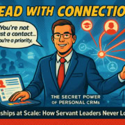 An illustrated man in glasses and a suit gestures to red network icons while holding a laptop with a contact profile. Speech bubble: “You’re not just a contact... You’re a priority.” Title: “Lead With Connection—People First.” Blue background shows outlines of people.