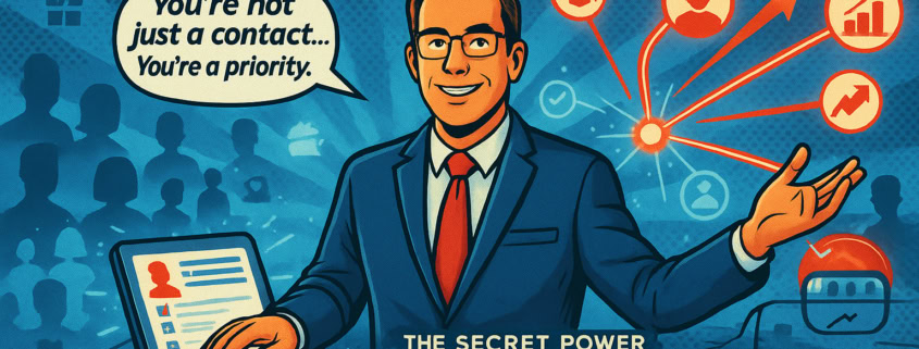 An illustrated man in glasses and a suit gestures to red network icons while holding a laptop with a contact profile. Speech bubble: “You’re not just a contact... You’re a priority.” Title: “Lead With Connection—People First.” Blue background shows outlines of people.